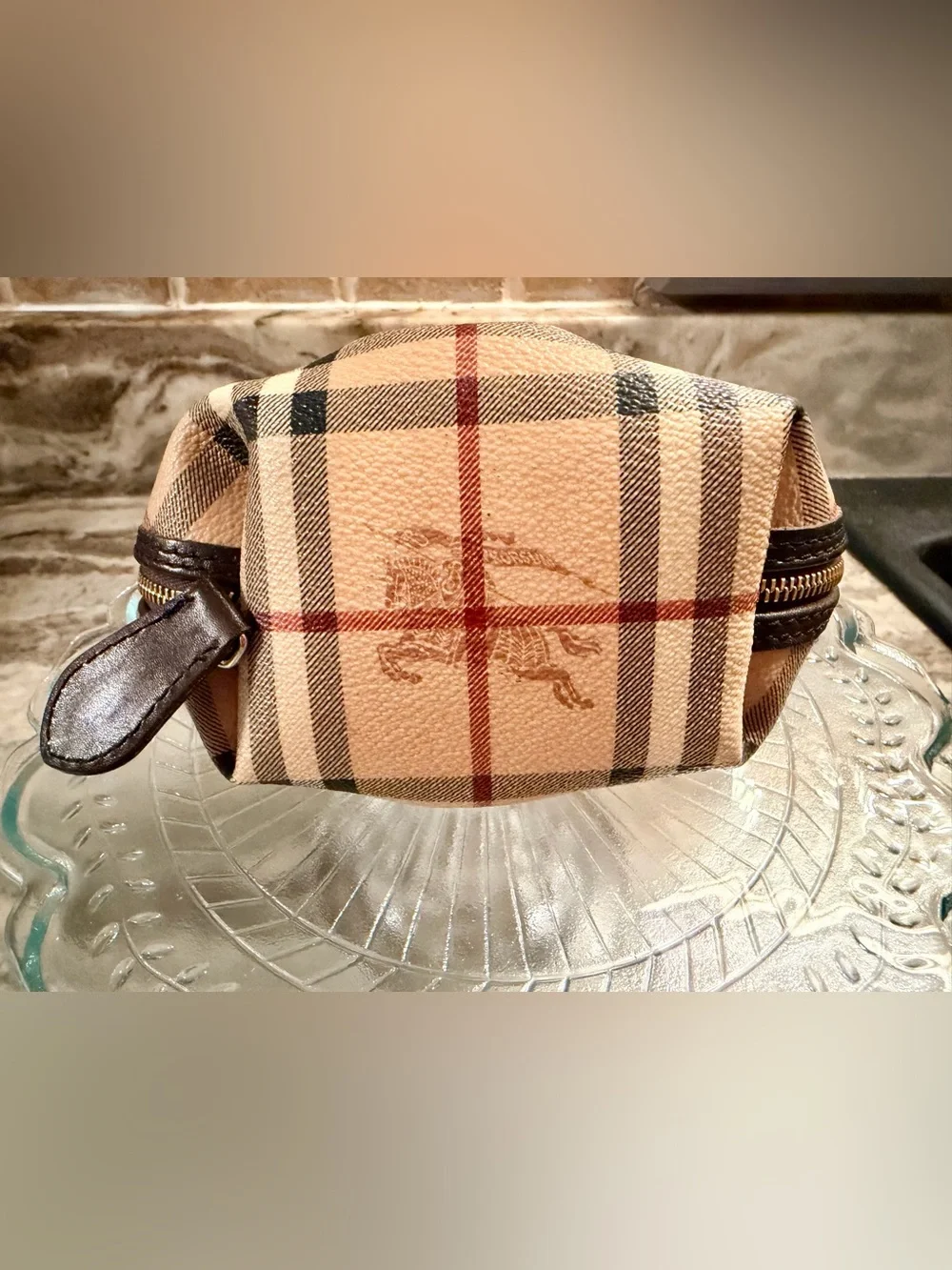 Authentic Burberry Tan Plaid Cosmetic Pouch with Black and Red Stripes